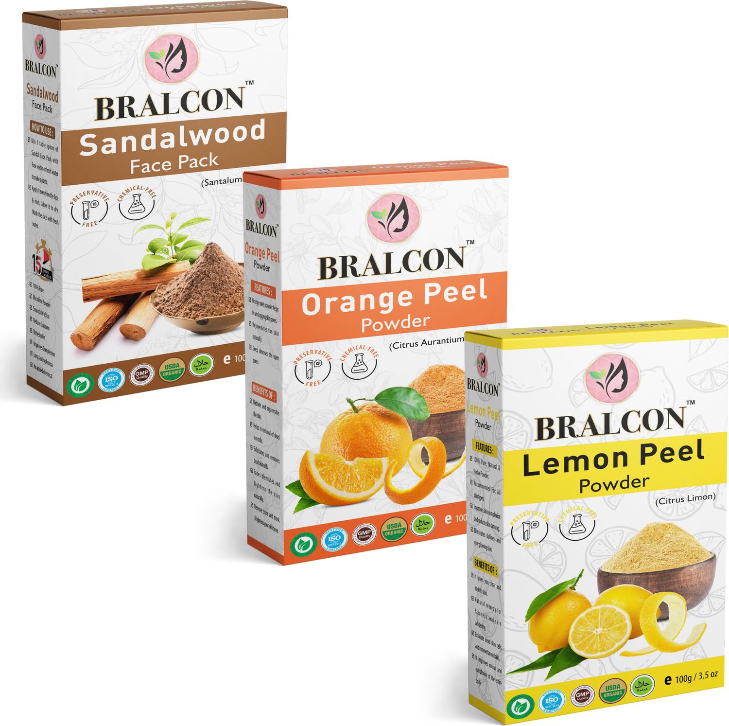 BRALCON Organic Chandan, Orange, Lemon Peel Powder Combo- (100g x 3 Pack)| For Face Pack