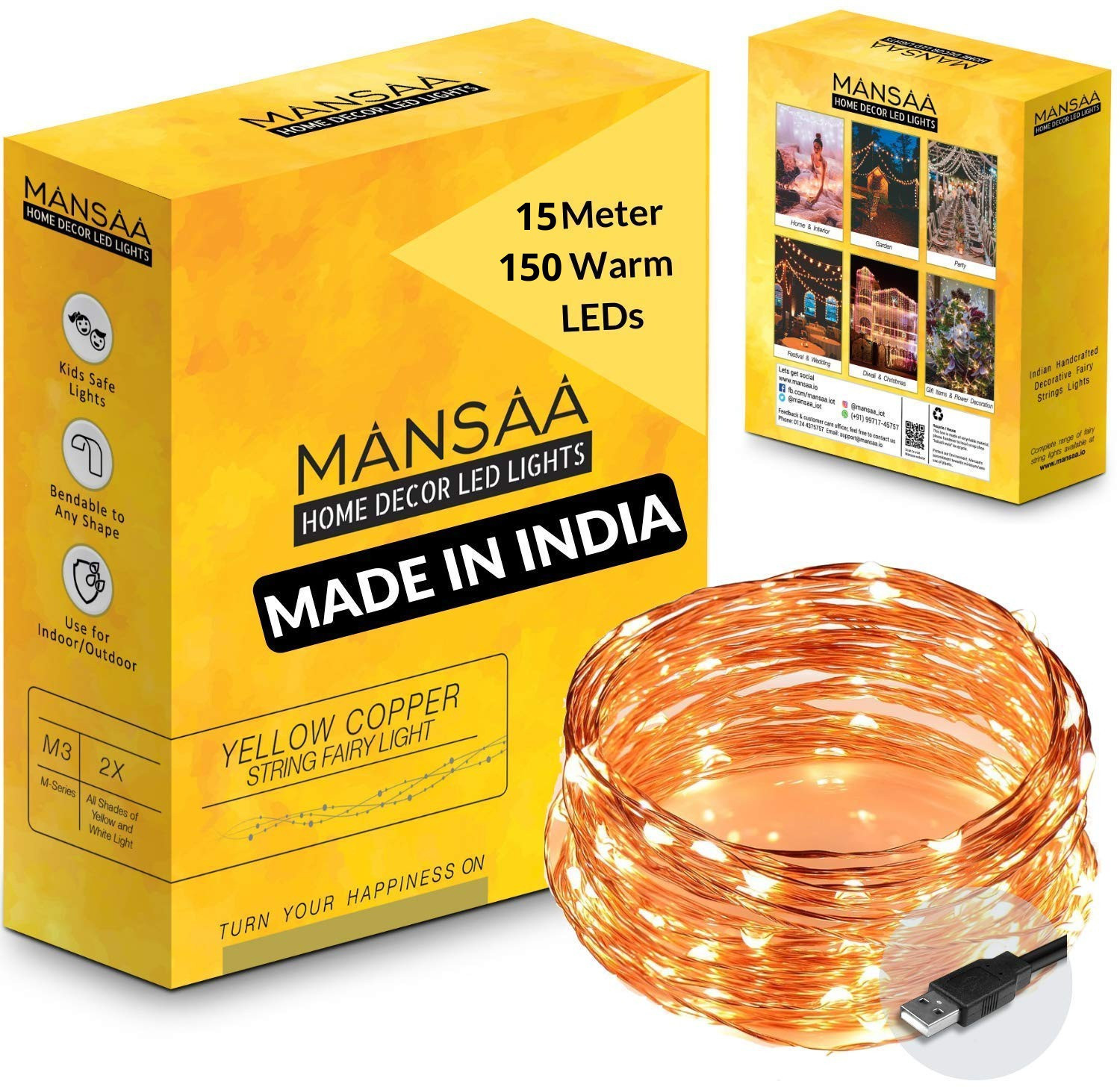 Image of MANSAA 150 LEDs 15 m Gold, Yellow Steady Water Drop Rice Lights