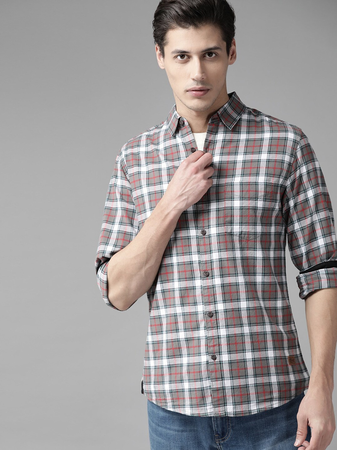 Image of Roadster Men Checkered Casual Grey Shirt