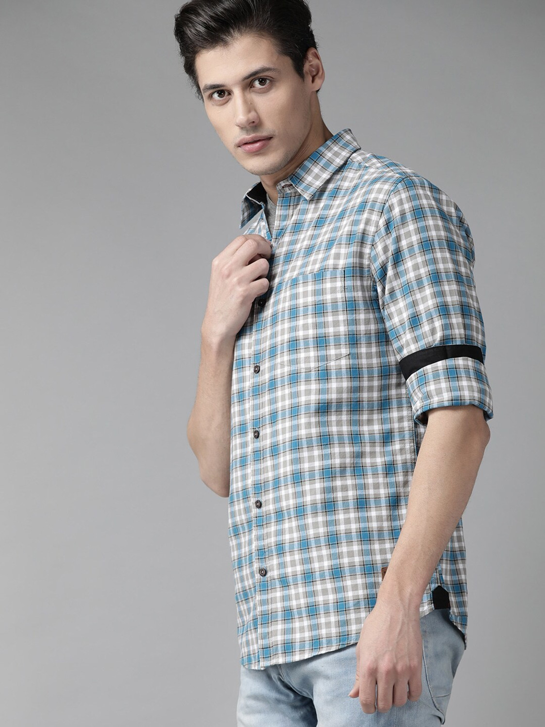 Image of Roadster Men Checkered Casual Grey Shirt