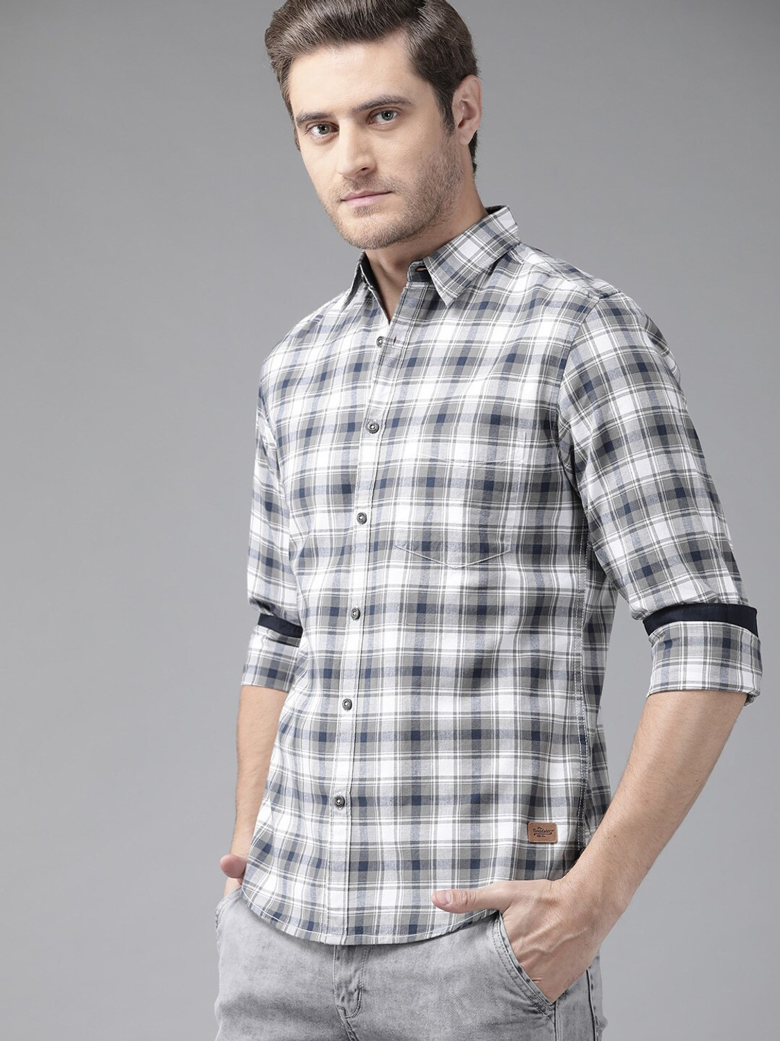 Image of Roadster Men Checkered Casual Grey Shirt