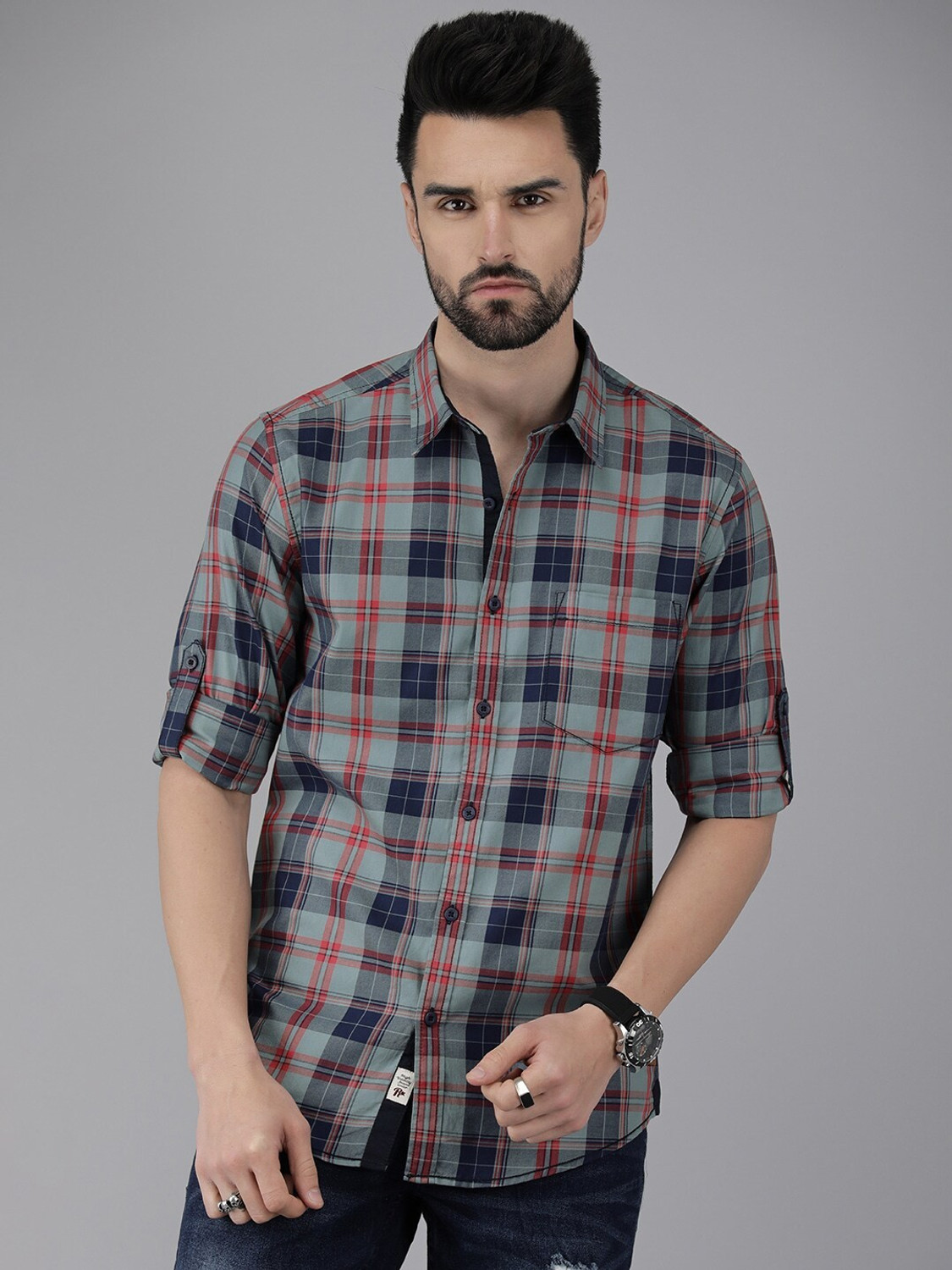 Image of Roadster Men Checkered Casual Blue Shirt