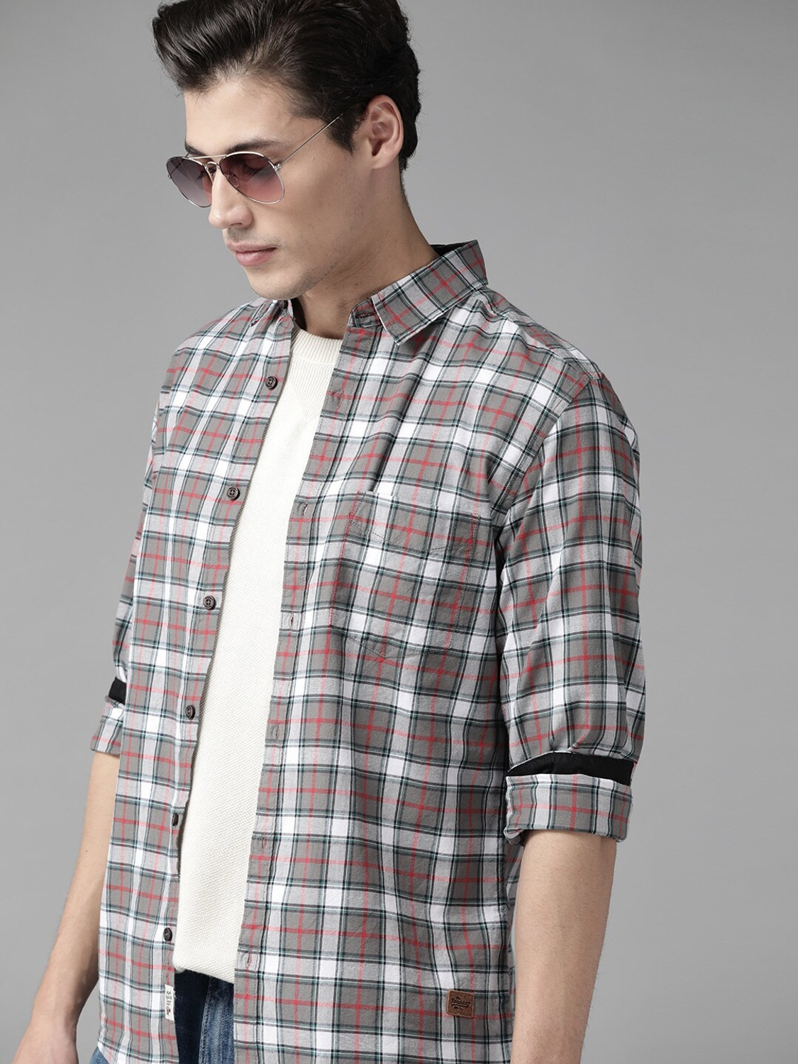 Image of Roadster Men Checkered Casual Grey Shirt
