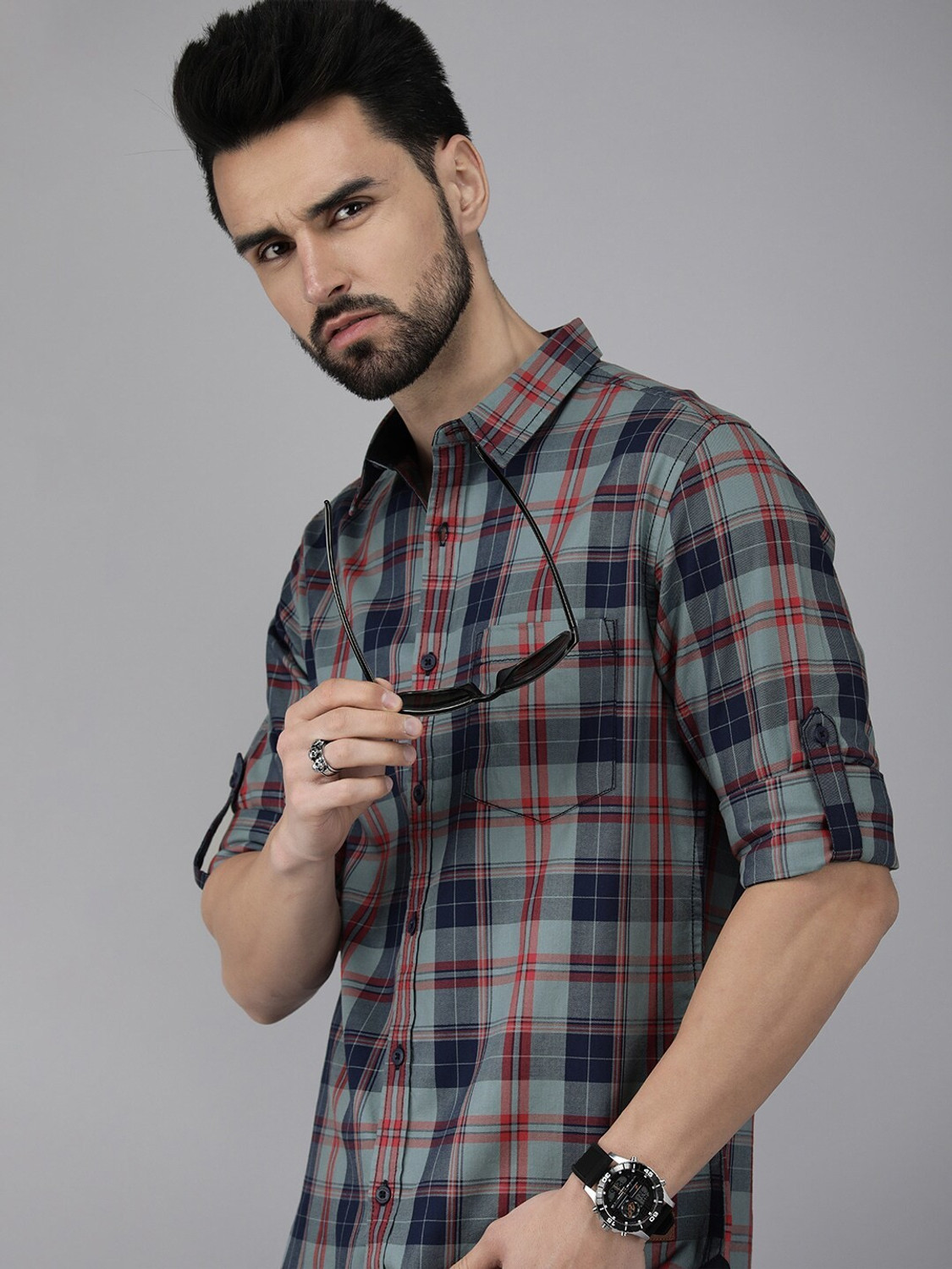 Image of Roadster Men Checkered Casual Blue Shirt