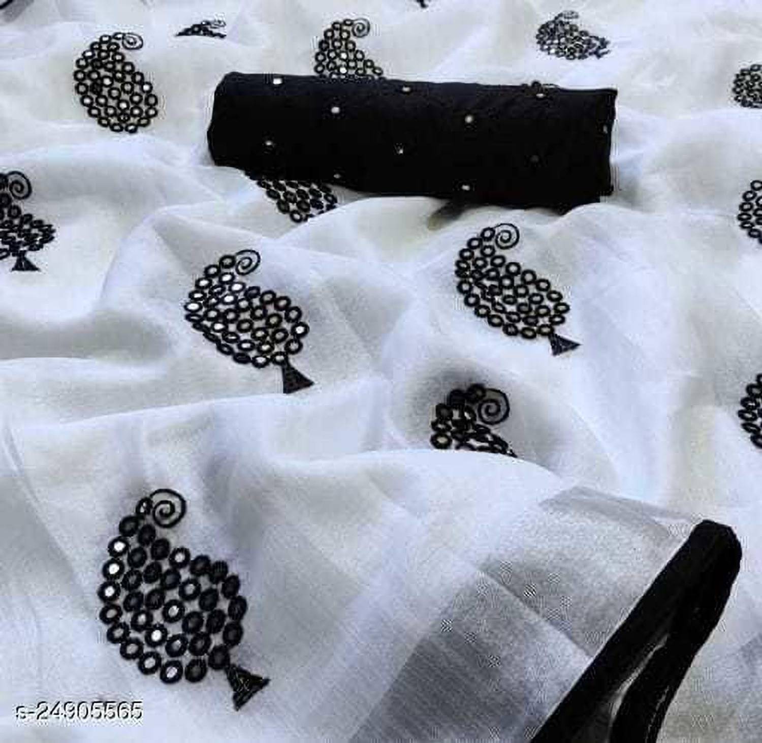PRIMERION Embroidered Bollywood Cotton Linen, Linen Saree (Black)