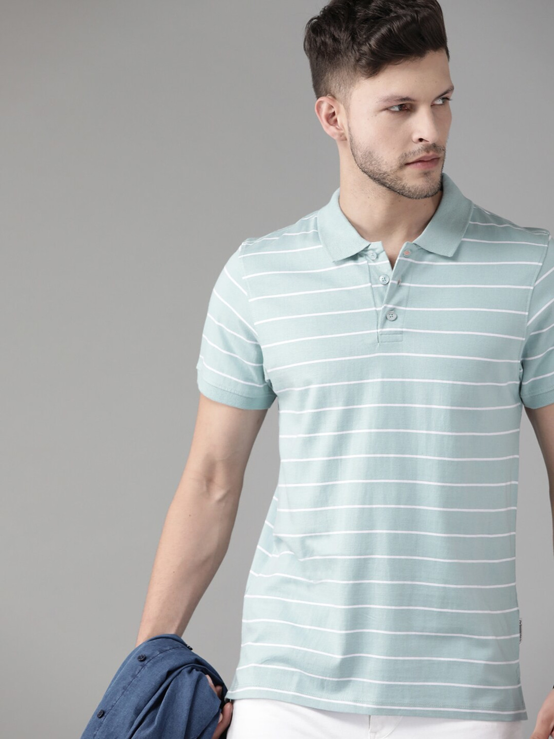 Image of Roadster Striped Men Polo Neck Blue T-Shirt