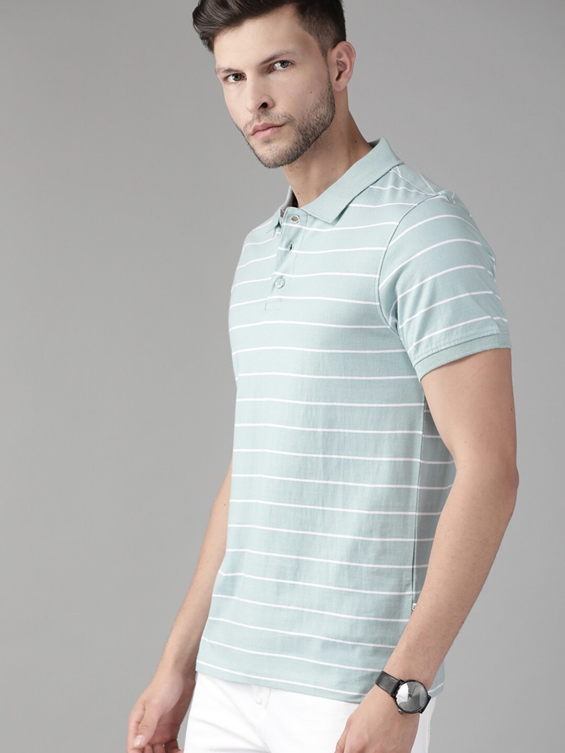 Image of Roadster Striped Men Polo Neck Blue T-Shirt