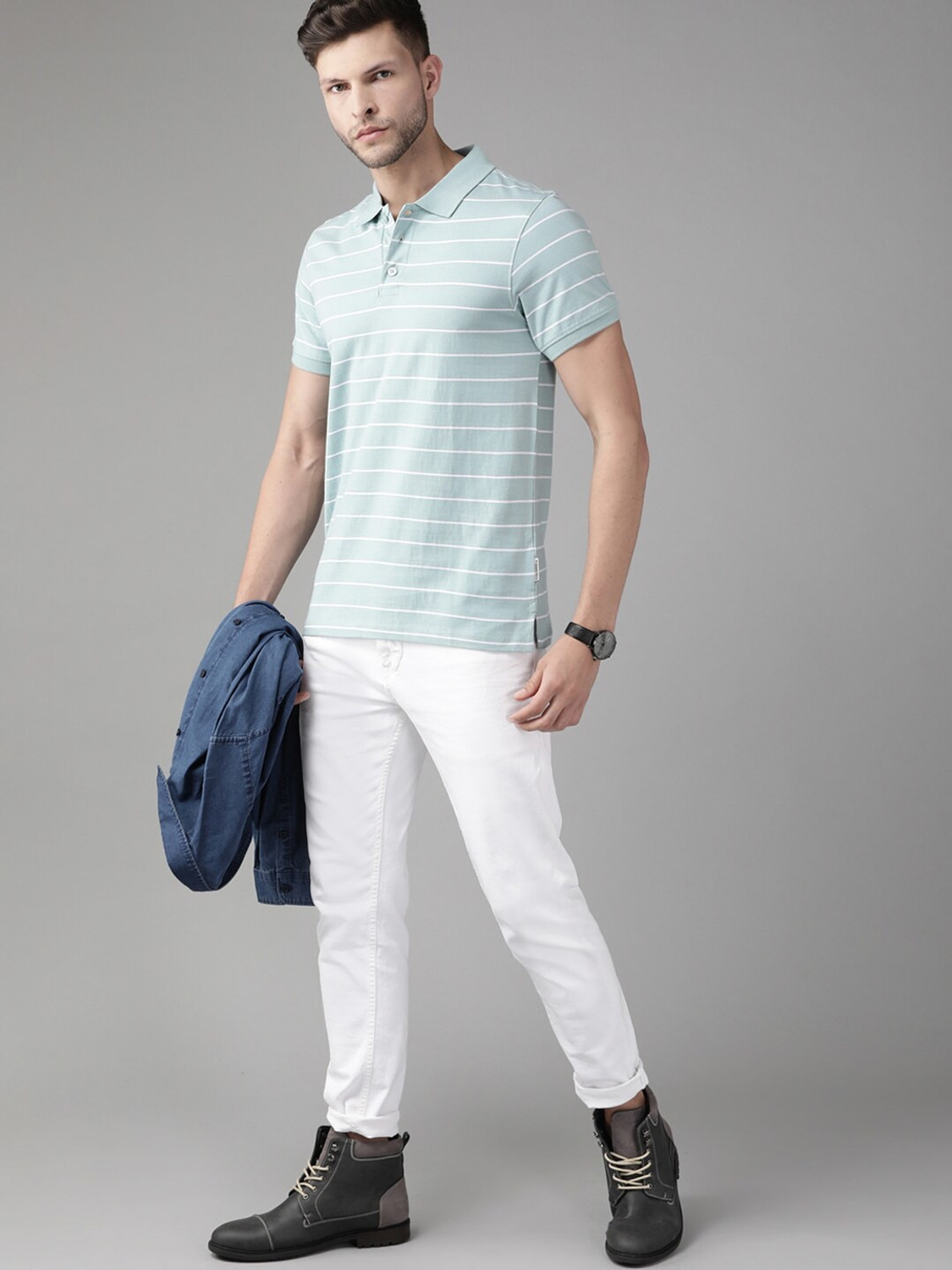 Image of Roadster Striped Men Polo Neck Blue T-Shirt