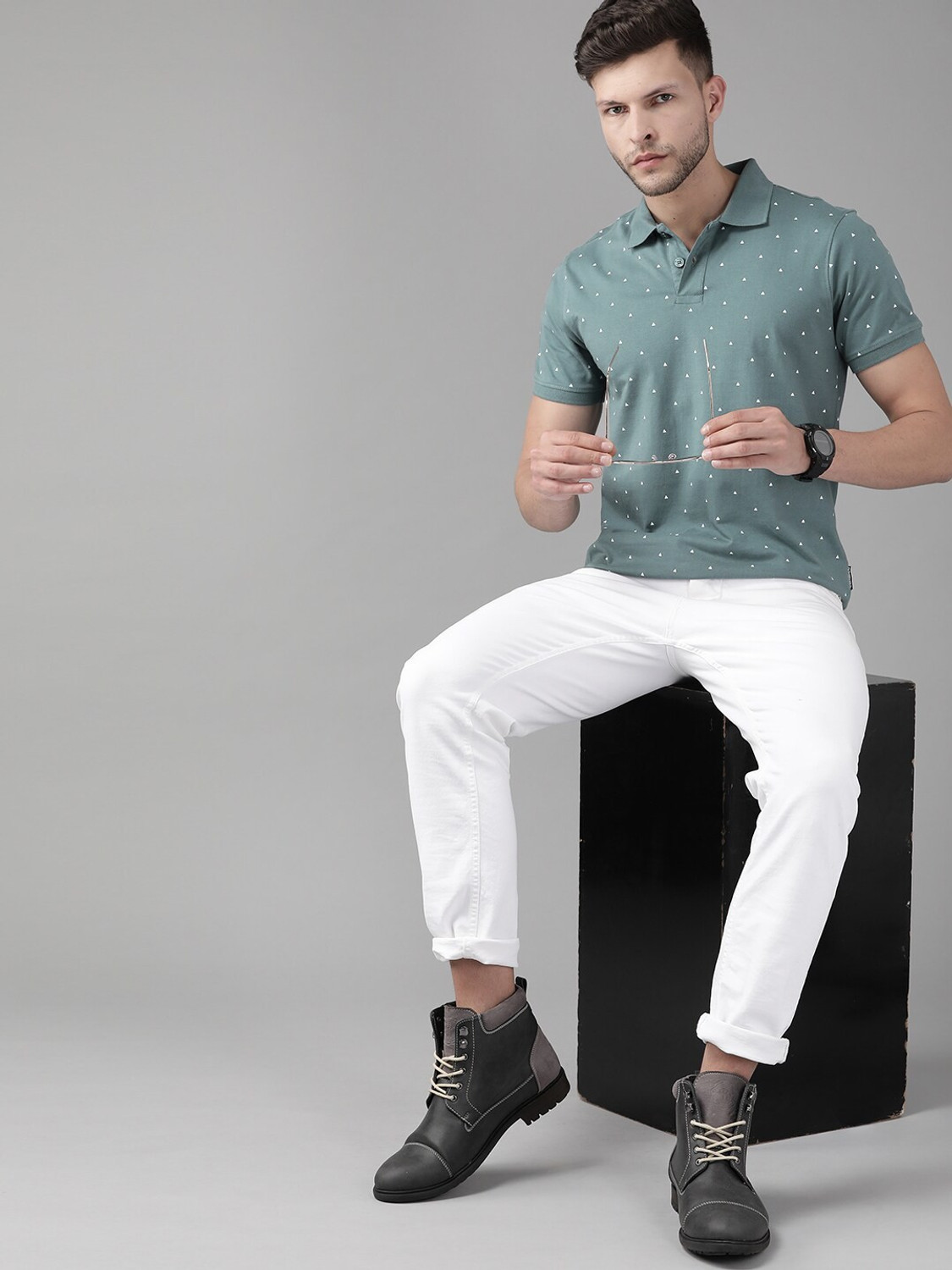 Image of Roadster Printed Men Polo Neck Blue T-Shirt