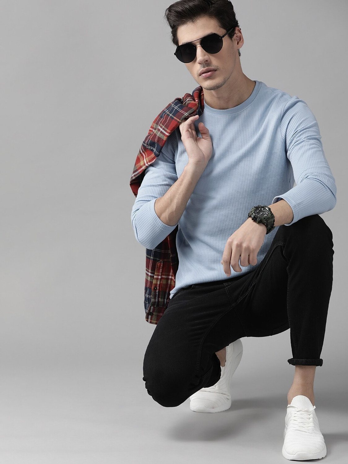 Image of Roadster Self Design Men Round Neck Blue T-Shirt