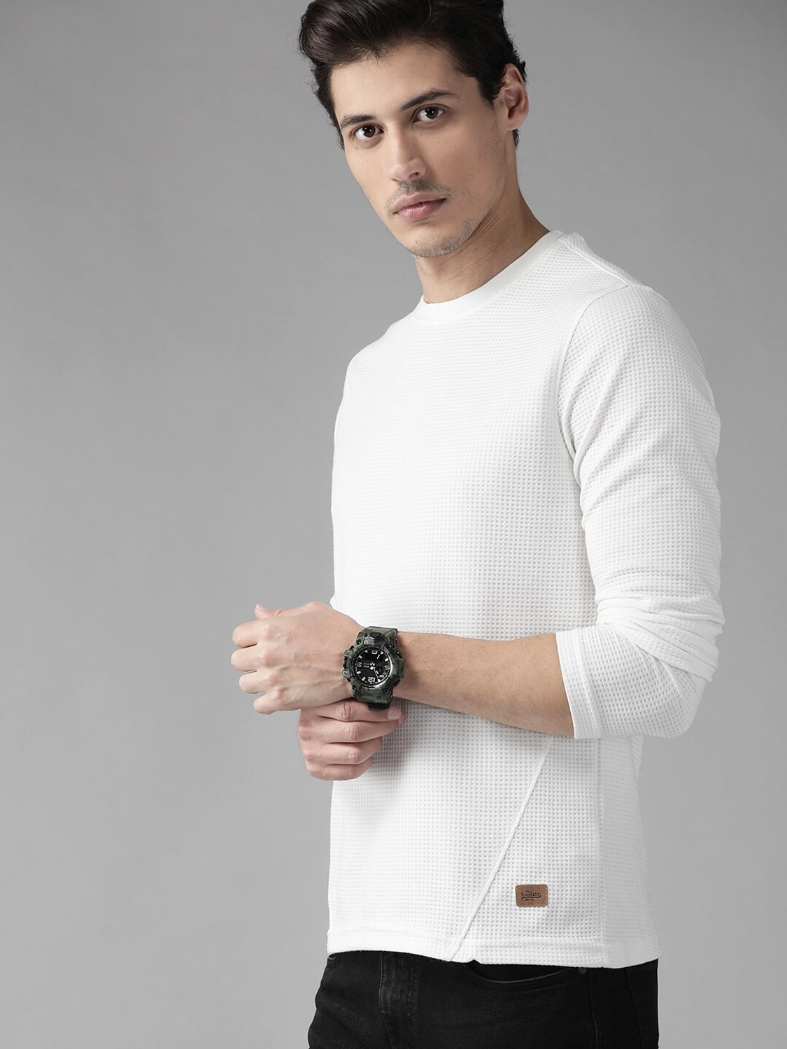 Image of Roadster Self Design Men Round Neck White T-Shirt