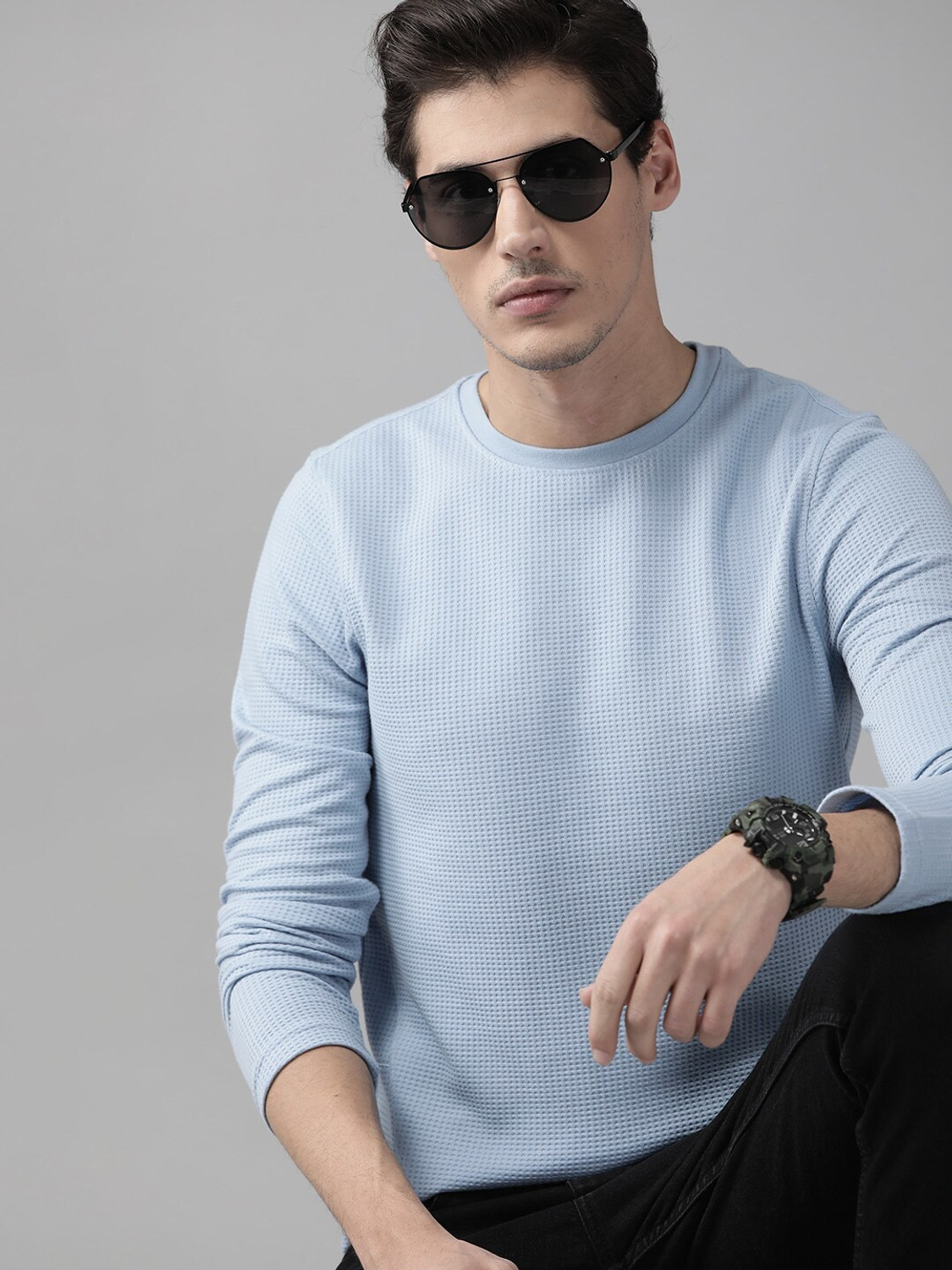 Image of Roadster Self Design Men Round Neck Blue T-Shirt