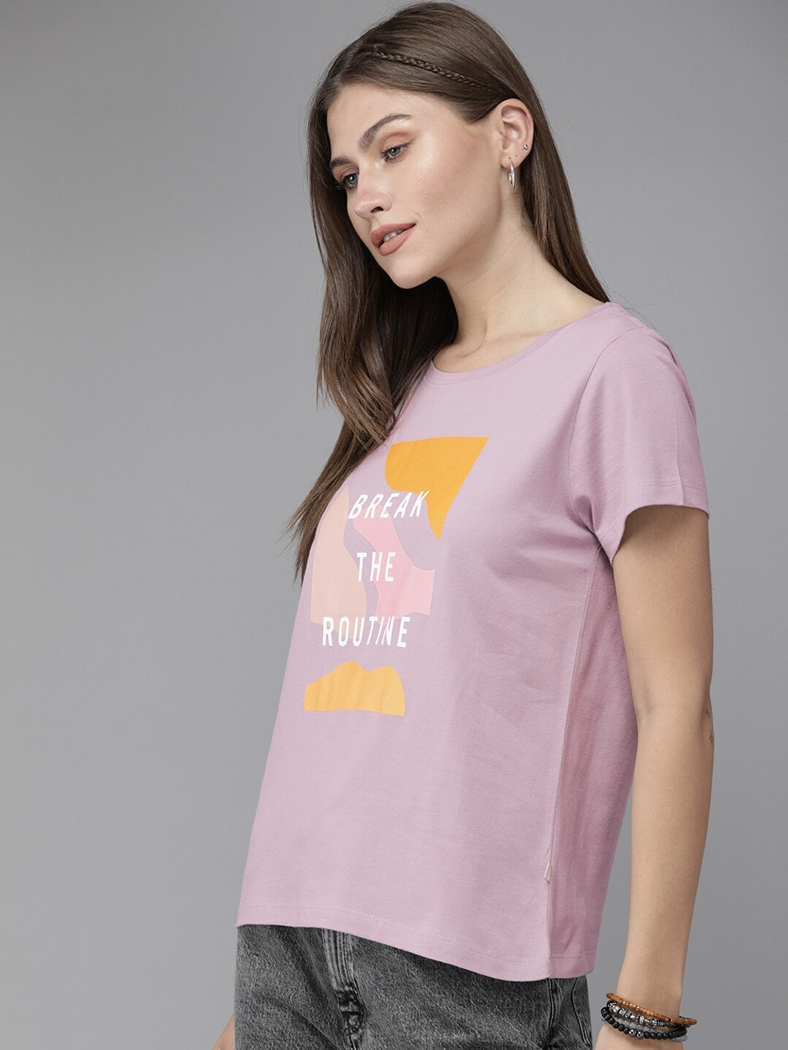 Image of Roadster Printed Women Round Neck Pink T-Shirt