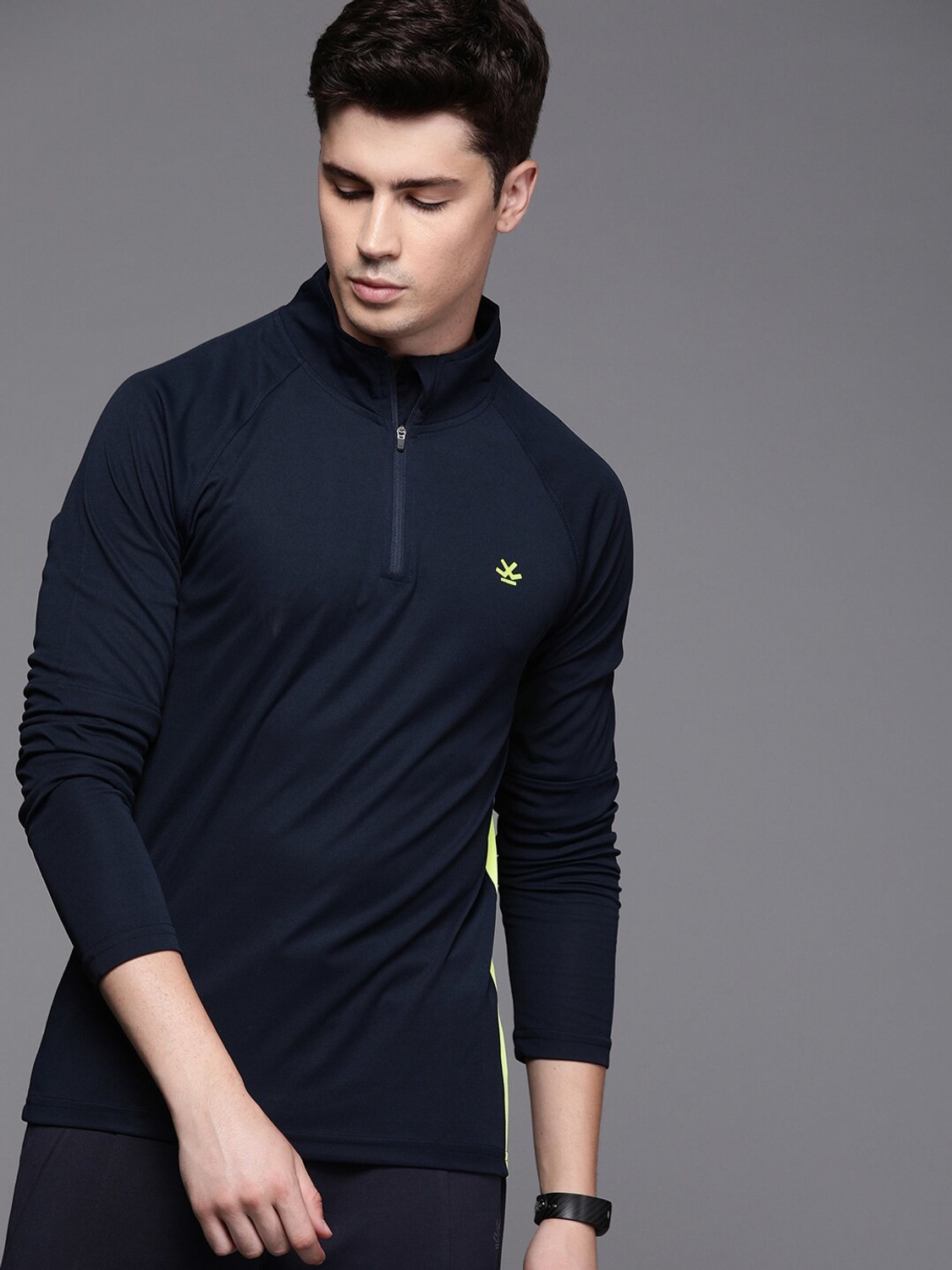 Image of WROGN ACTIVE Solid Men High Neck Navy Blue T-Shirt