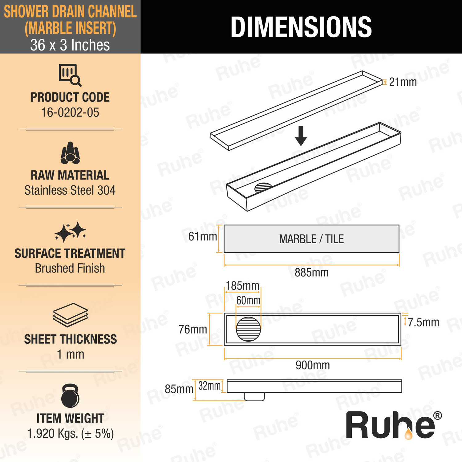 Image of RUHE Floor Stainless Steel Push Down Strainer