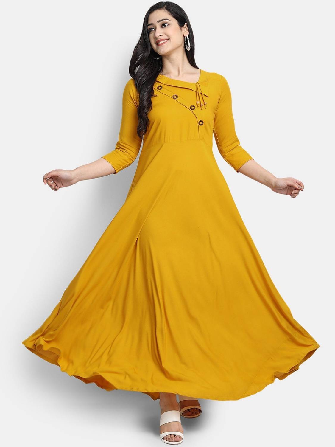 Puebell Women Solid Viscose Rayon Flared Kurta (Yellow)