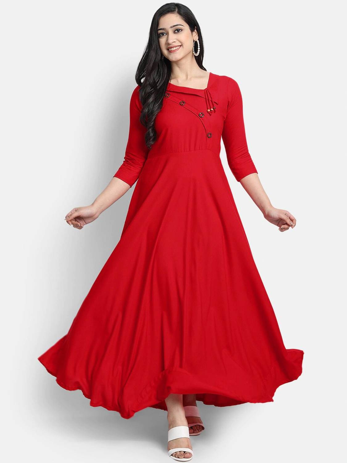 Puebell Women Solid Viscose Rayon Flared Kurta (Red)