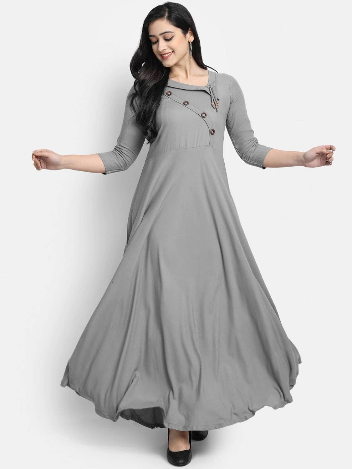 Puebell Women Solid Viscose Rayon Flared Kurta (Grey)