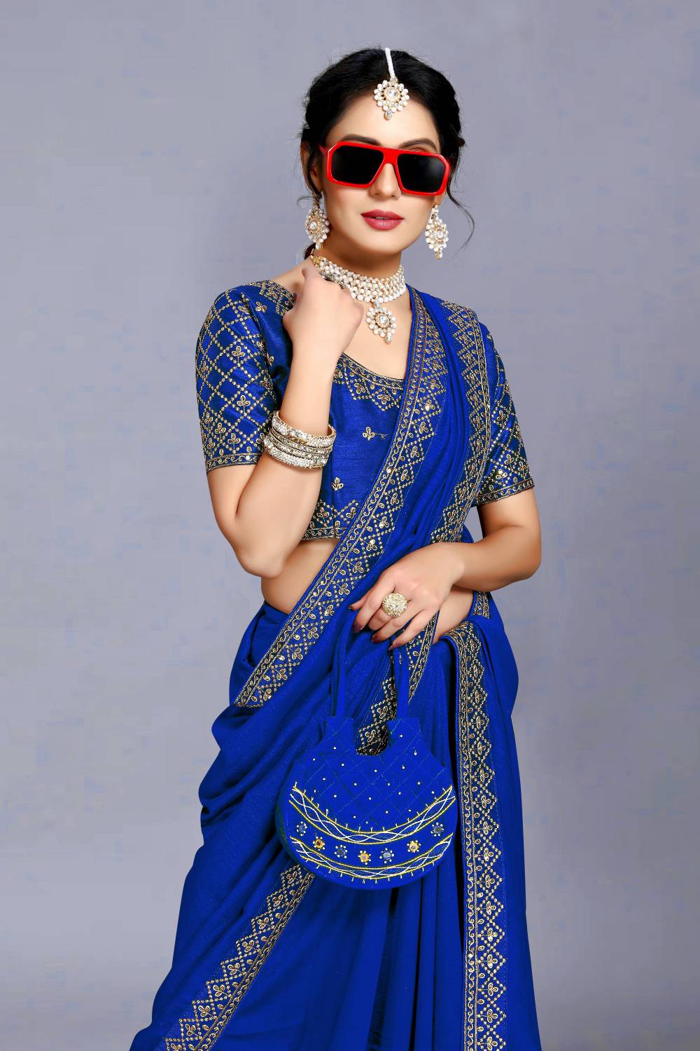 Vivan Fab Embroidered Banarasi Pure Silk, Art Silk Saree (Blue)
