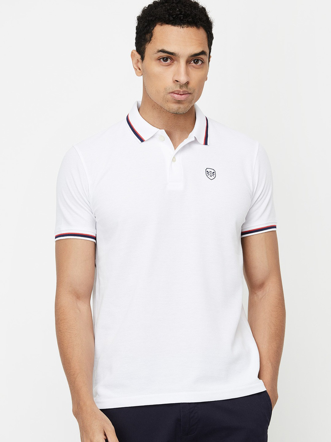 Image of MAX Solid Men Polo Neck White T-Shirt