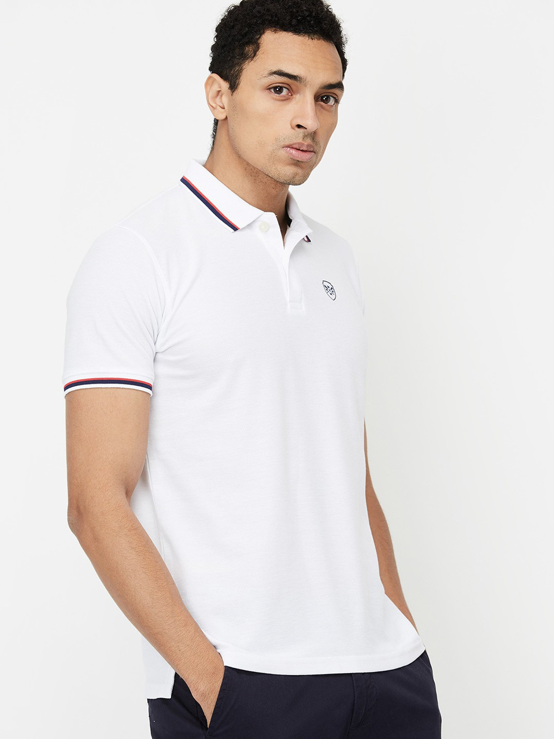 Image of MAX Solid Men Polo Neck White T-Shirt