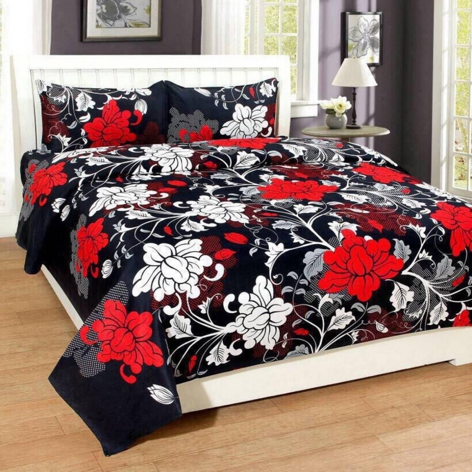 Ashu Decor Microfiber Double Flat 144 TC 3D Printed 1 Bedsheet with 2 Pillow Covers