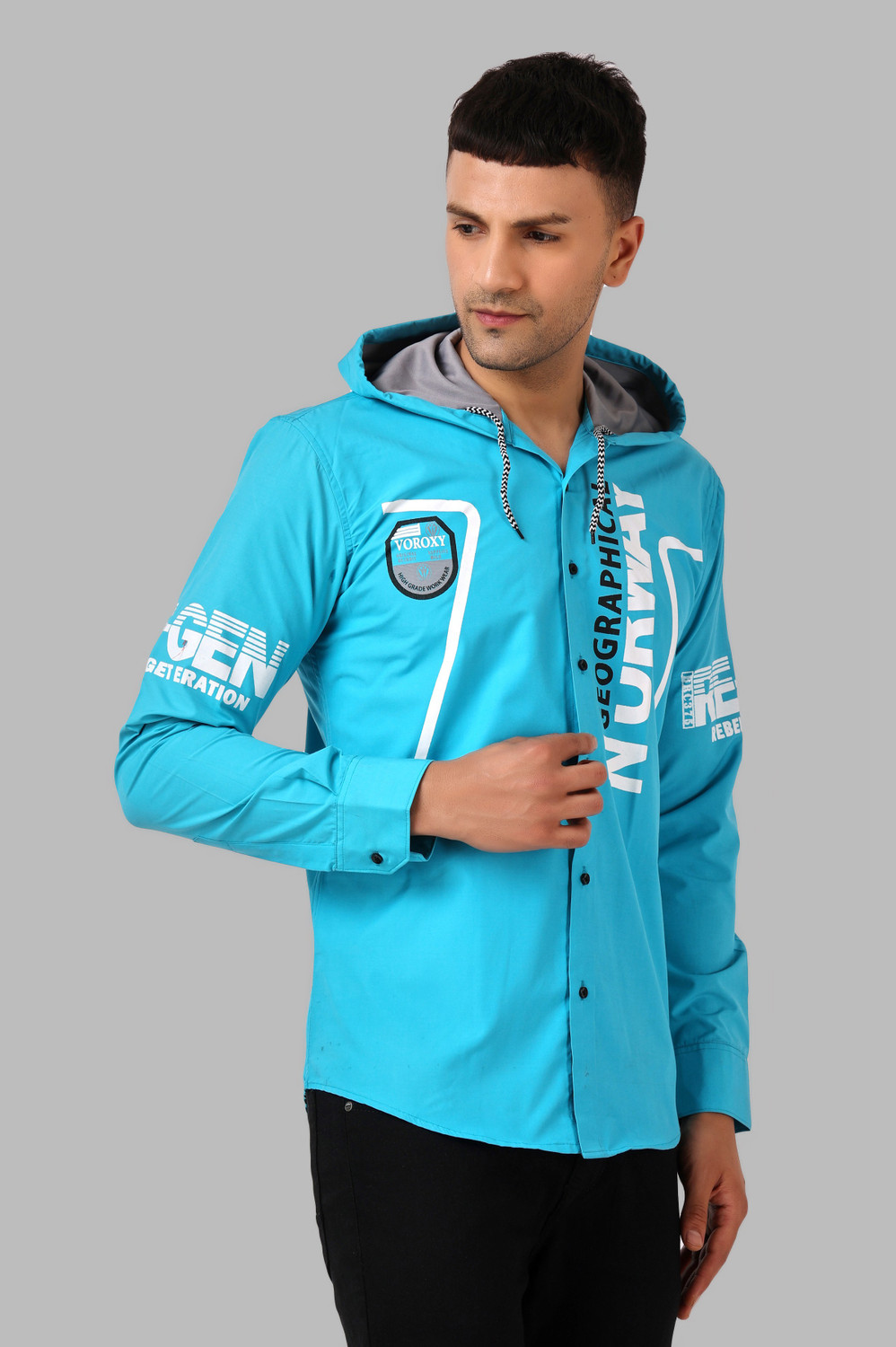 Image of Voroxy Men Printed Casual Light Blue Shirt