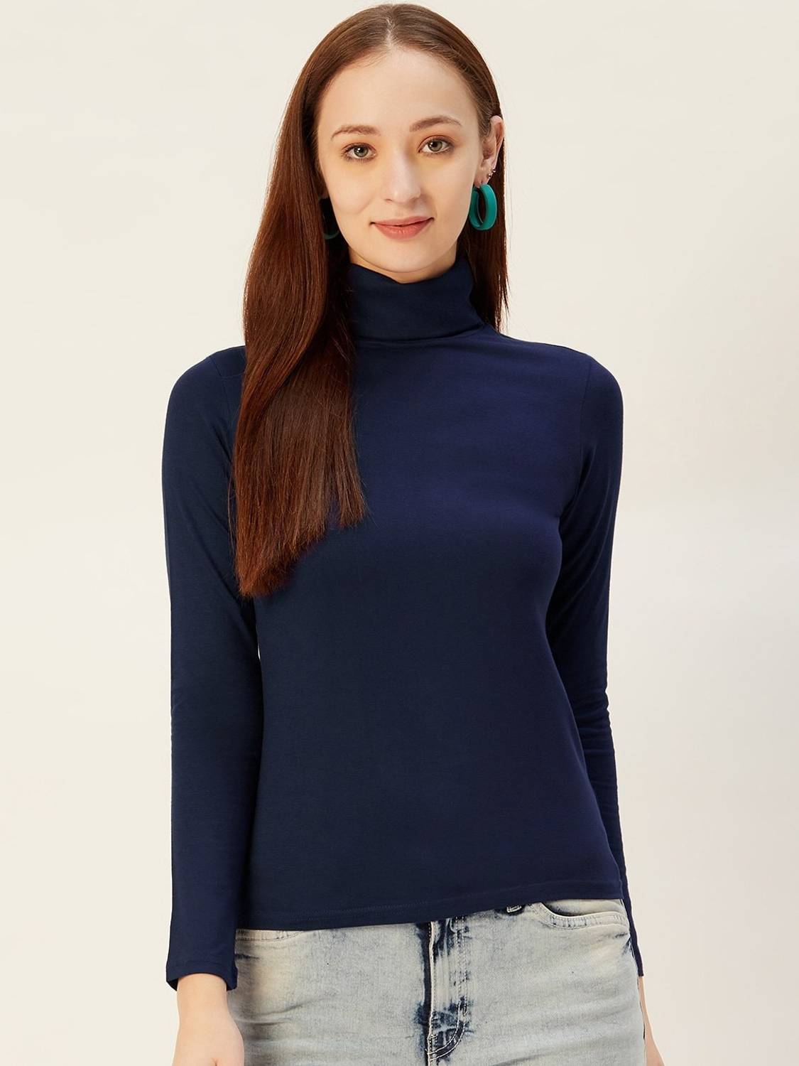 ANBICH Casual Solid Women Dark Blue Top