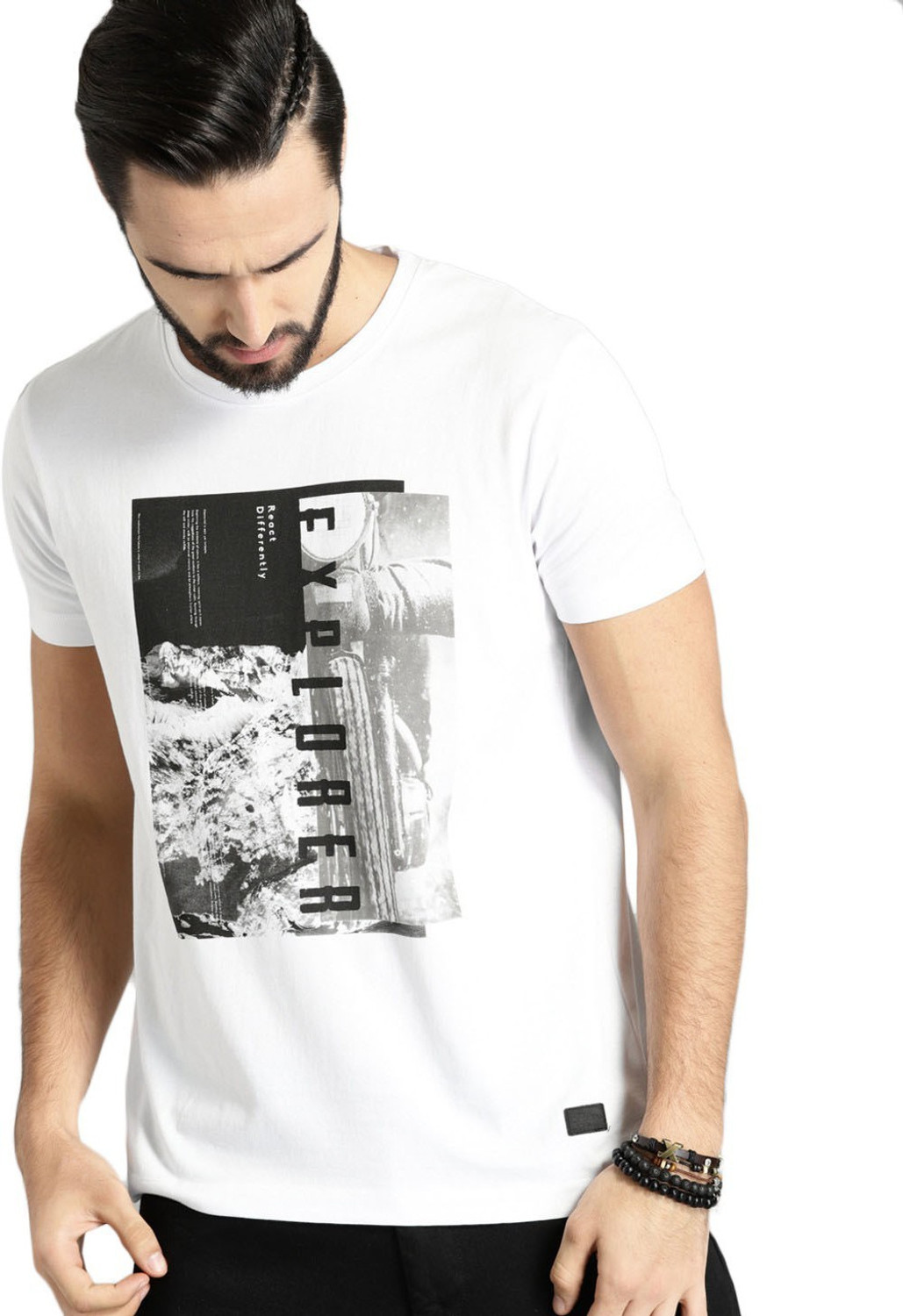 Image of Roadster Printed Men Round Neck White T-Shirt