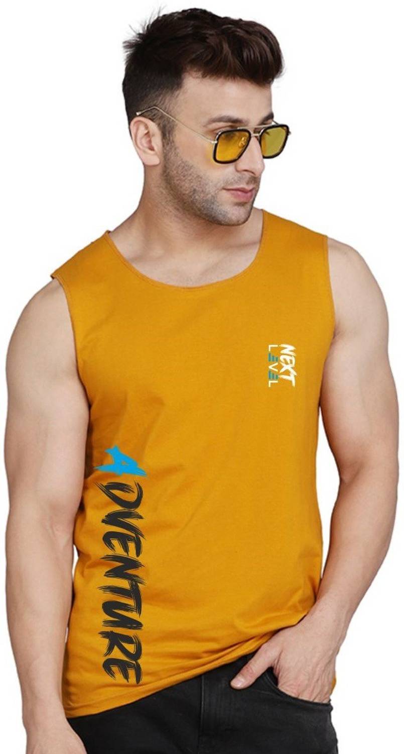 SlowLoris Men Typography Round Neck Cotton Blend Yellow T-Shirt
