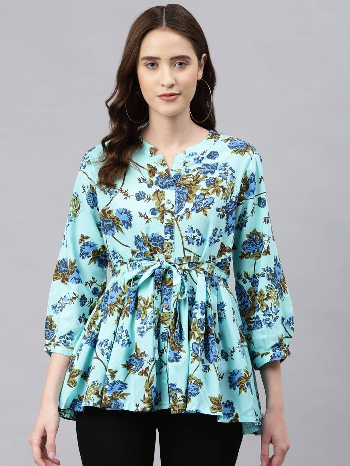 aayusika Casual Floral Print Women Blue Top