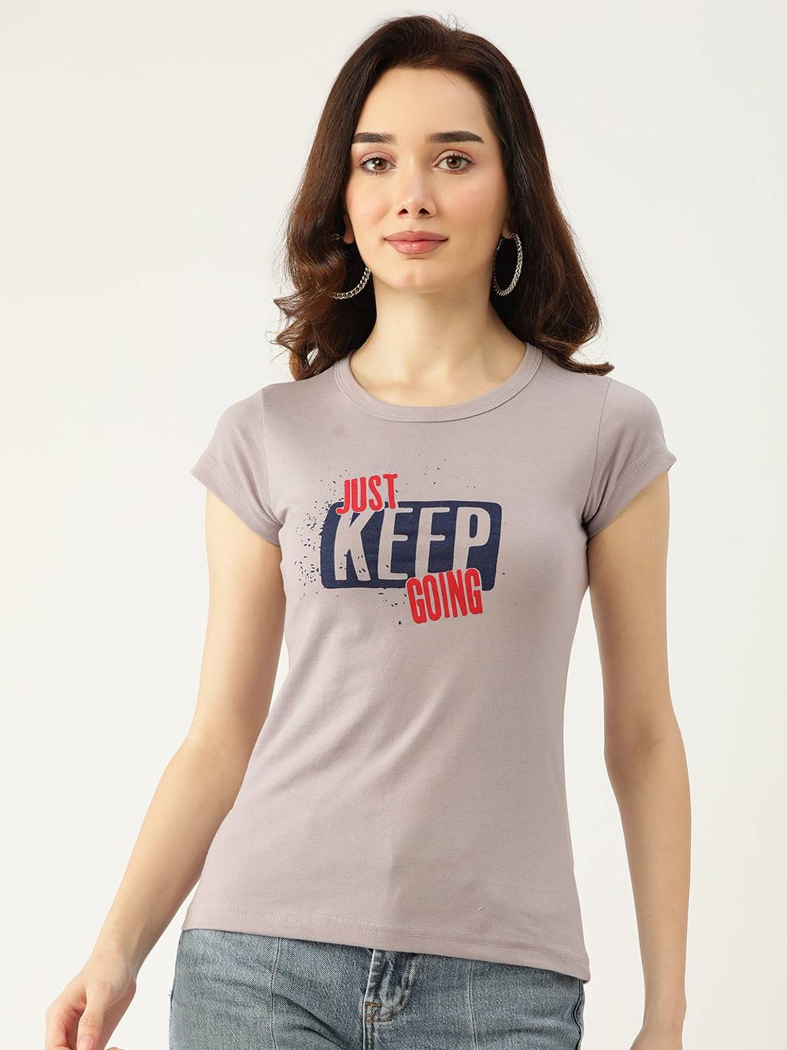 Broowl Casual Graphic Print Women Grey Top