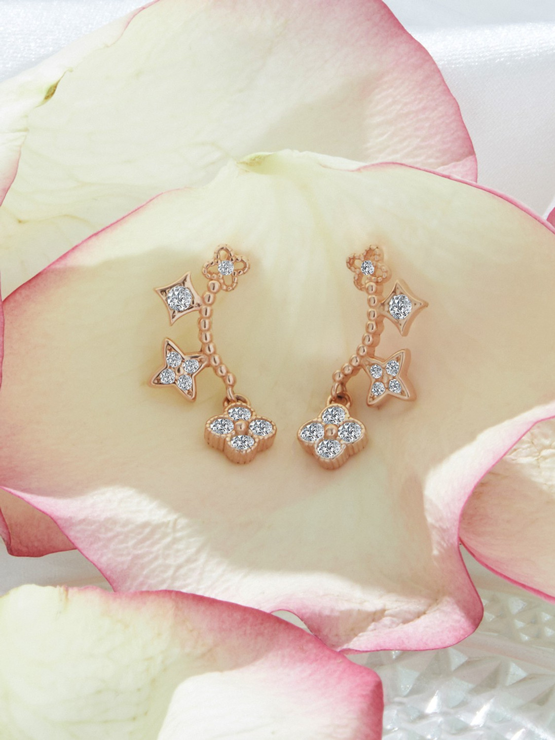Image of GIVA Sterling silver Rose Gold Clover Dangle Earrings for women & girls Cubic Zirconia Sterling Silver Stud Earring
