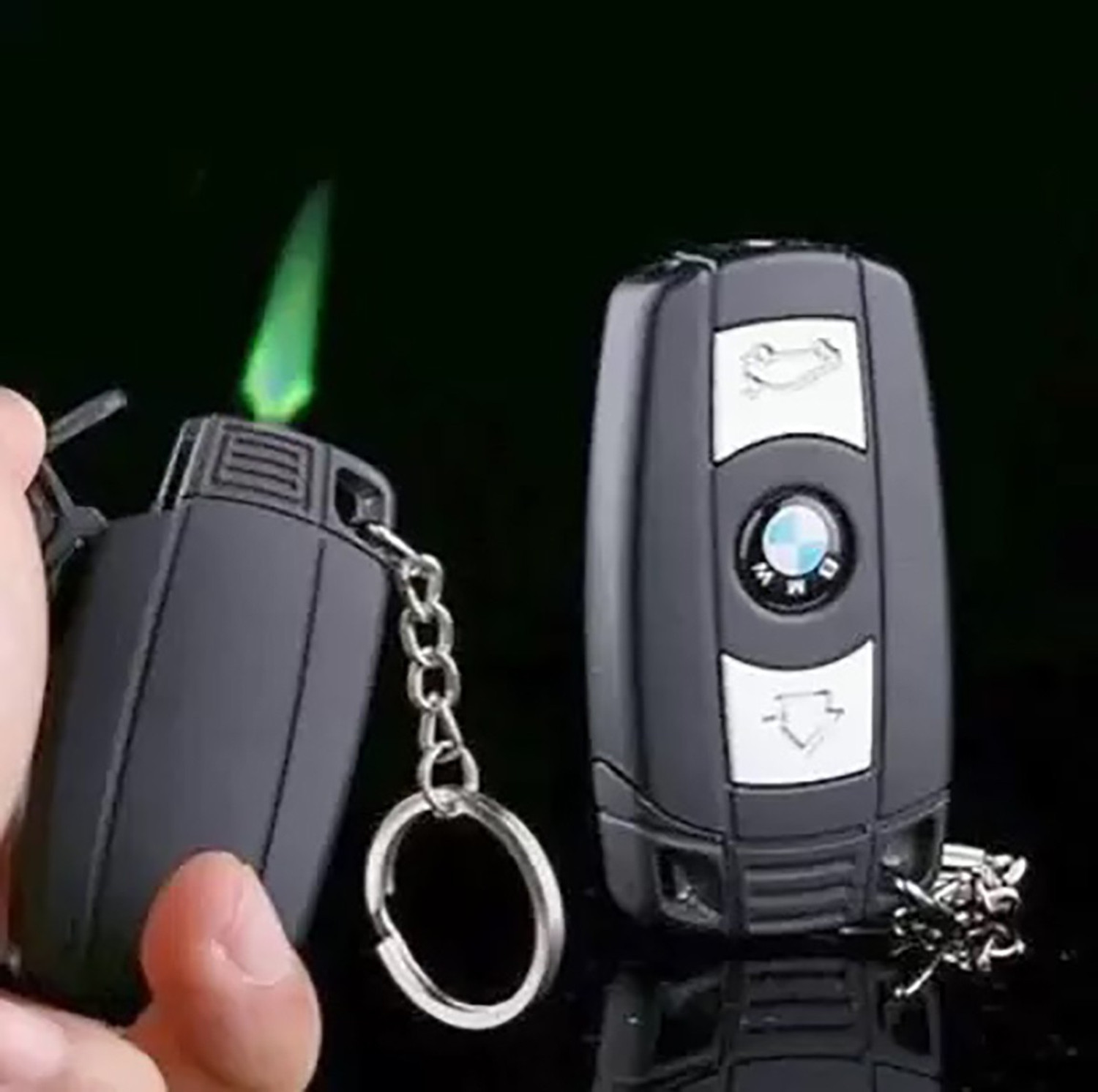 Image of VIOVI BMW Car Keychain Shape Windproof and Refillable Cigarette Lighter With LED Light Plastic Gas Lighter (Black, Pack of 1)