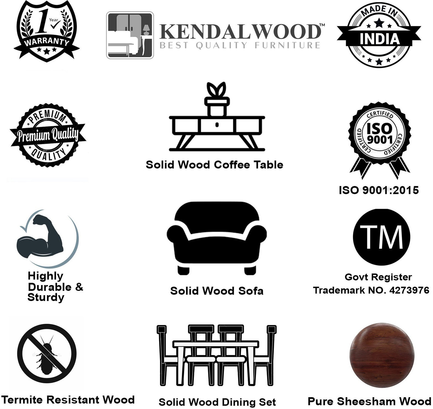 Image of Kendalwood Furniture Premium Dining Room Furniture Wooden Dining Table with 4 Chairs Solid Wood 4 Seater Dining Set