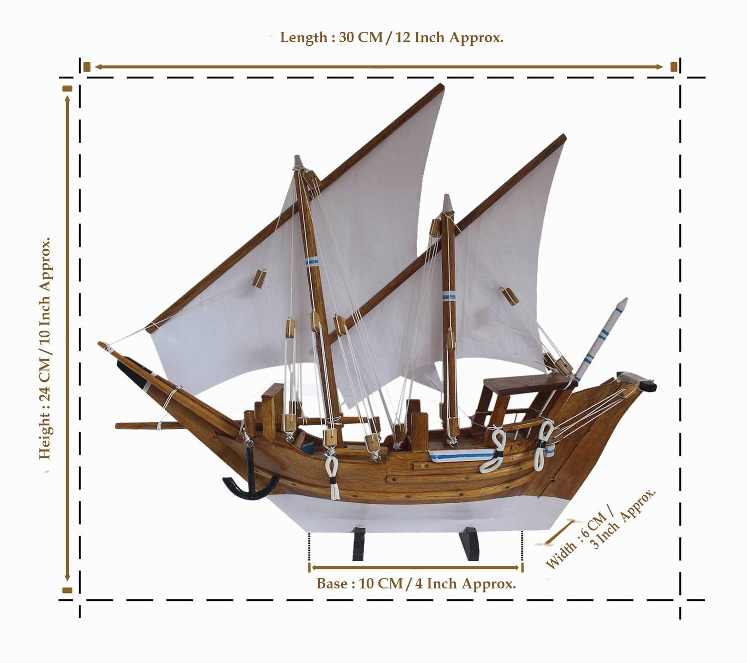 Image of Nimton Kerala Wooden Boat (4 Inch Base - Len : 30 CM | Hgt : 24 CM | Wth : 6 CM) Decorative Showpiece - 24 cm