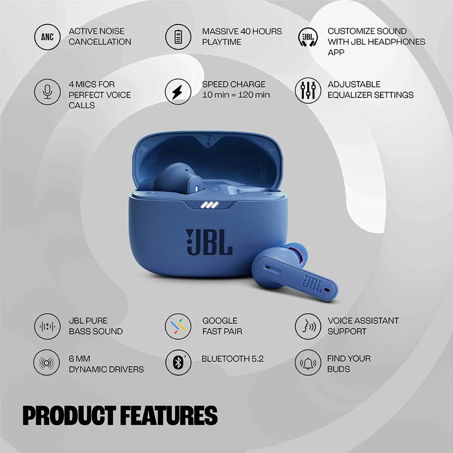 Image of JBL Tune 230NC TWS, Active Noise Cancellation, 40Hr Playtime, App & Speed Charge Bluetooth