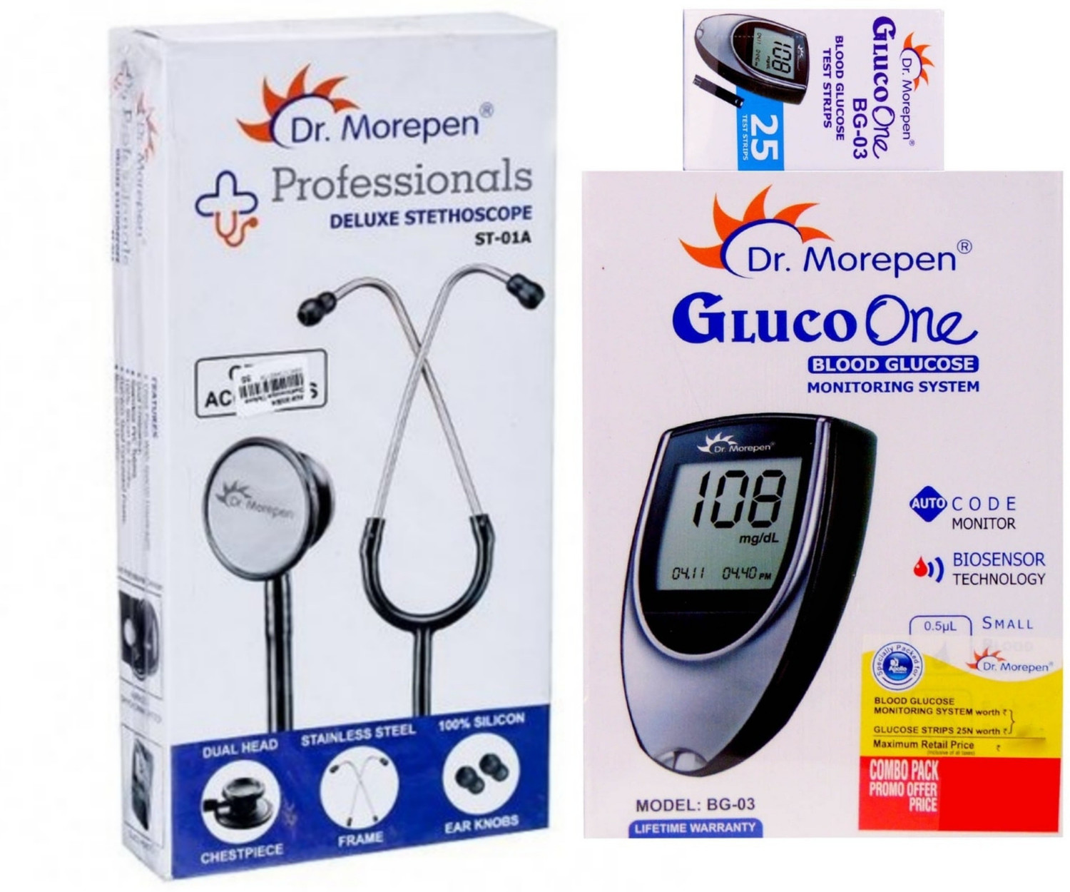 Image of Dr. Morepen ST-01A Stethoscope, strips, Gluco Stethoscope