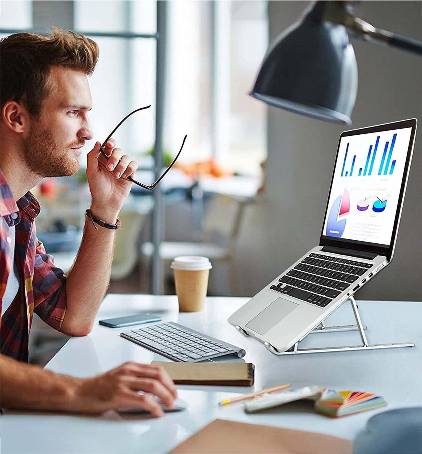 Image of sounce Fold-Up, Adjustable, Ventilated, Portable Laptop Holder for Desk MTLLPTSTND1 Aluminium Floor and Desk Stand Rotatable Laptop Stand with Adjustable Height Compatible with Universal Laptops