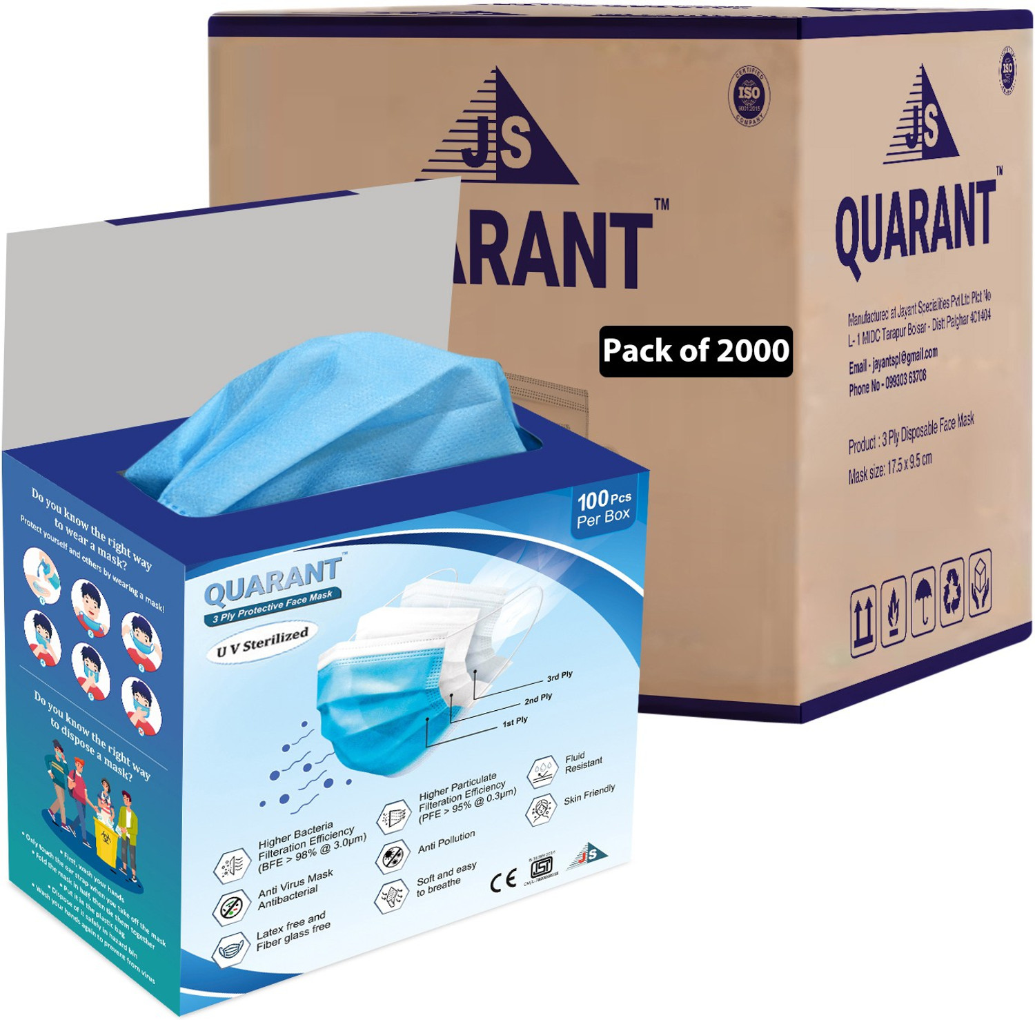 Image of QUARANT 3 Ply Protective Face Mask with Nose Clip, UV Sterilized, BFE >98% & PFE >95% PFM Water Resistant Surgical Mask With Melt Blown Fabric Layer (Blue, Free Size, Pack of 2000, 3 Ply)