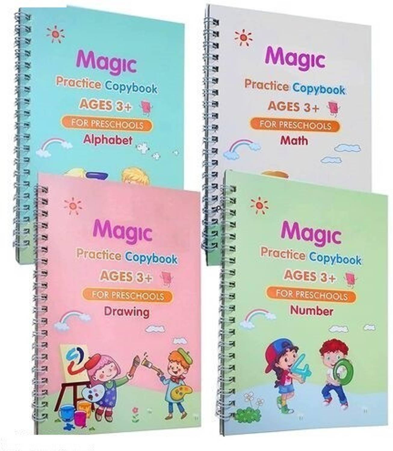 4 Pcs Magic Practice Copybook & 10 Refill For Kids Handwriting English Book SANK Re-Usable MAGIC BOOK Magical Handwriting Workbooks Practice Copybook For Pre-School Kids, (4 BOOK + 1 Pen + 10 REFILL) Number Tracing Book, Drawing, Alphabet And Math Exercise For Preschoolers With Pen, English Magic Books For Kids Reusable Writing Magic Calligraphy Copybook Set Practical Reusable Writing Simple Hand Lettering Stationery Supplies