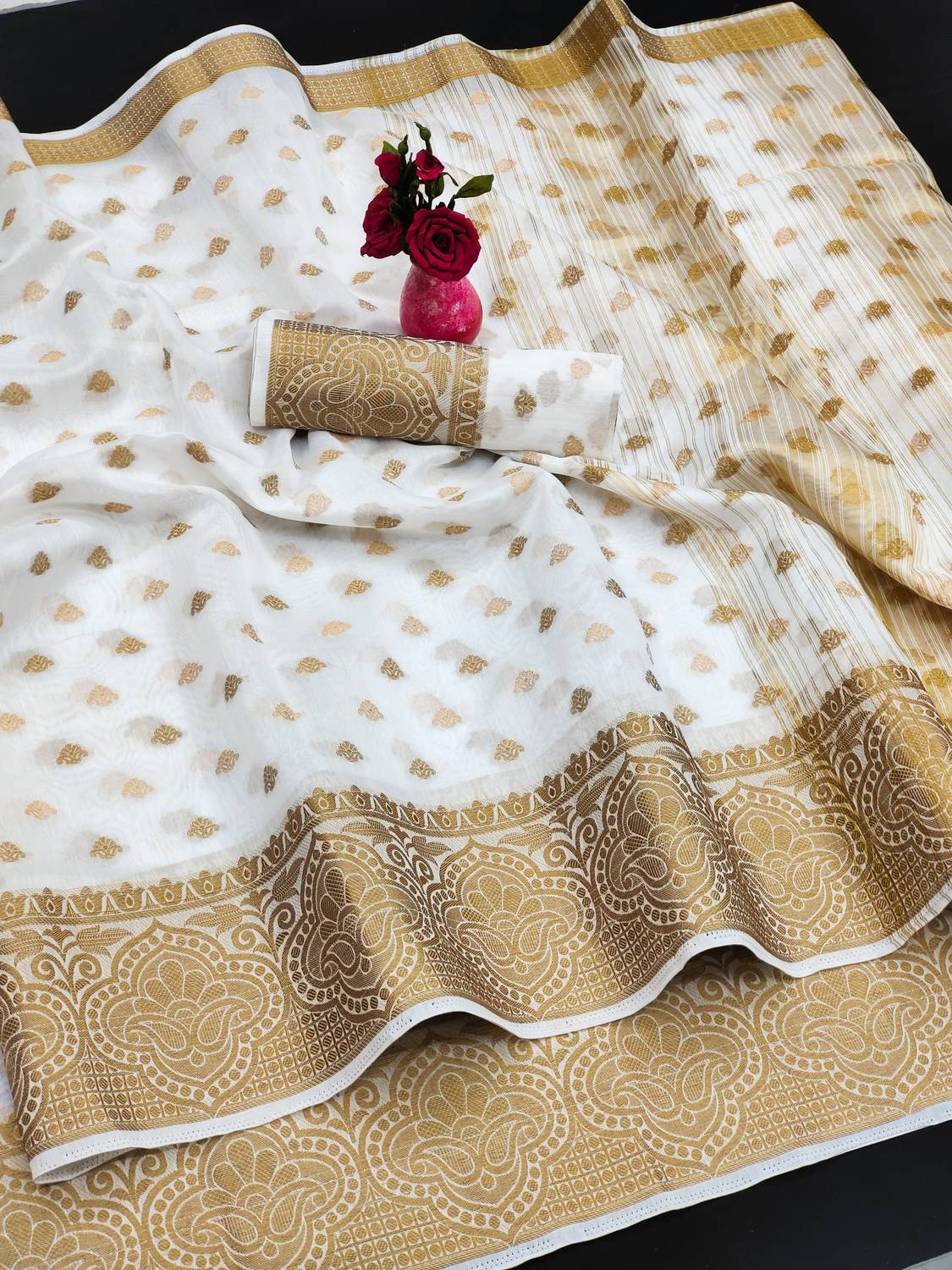 SaaraFashion Woven Banarasi Cotton Silk Saree (White)