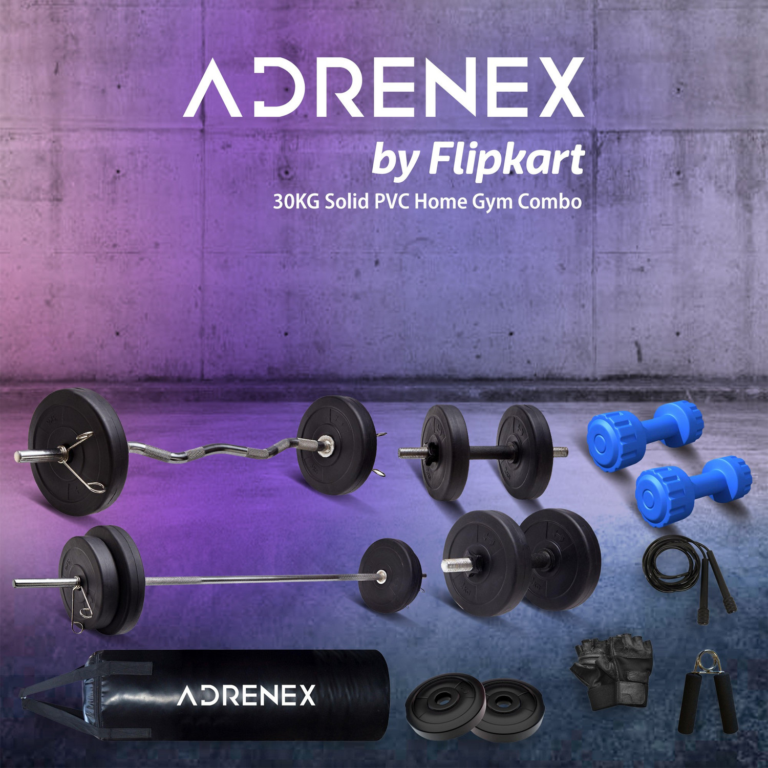 Image of Adrenex 30 kg PVC COMBO 343 WB with Unfilled Punching Bag & PVC Dumbbells Home Gym Combo