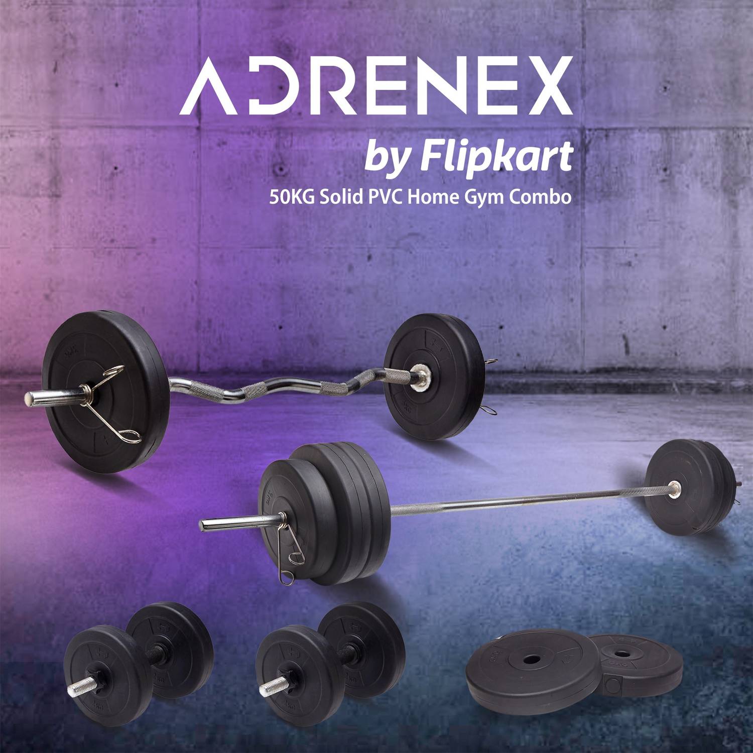 Adrenex by Flipkart 50 kg 50Kg PVC weights with Straight, Curl and Dumbbell Rods Home Gym Combo Rs.1833 @ Flipkart