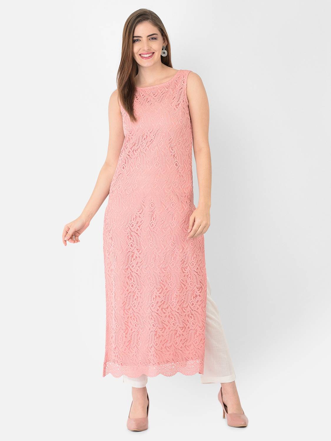 Ojjasvi Women Self Design Lace Straight Kurta (Pink)