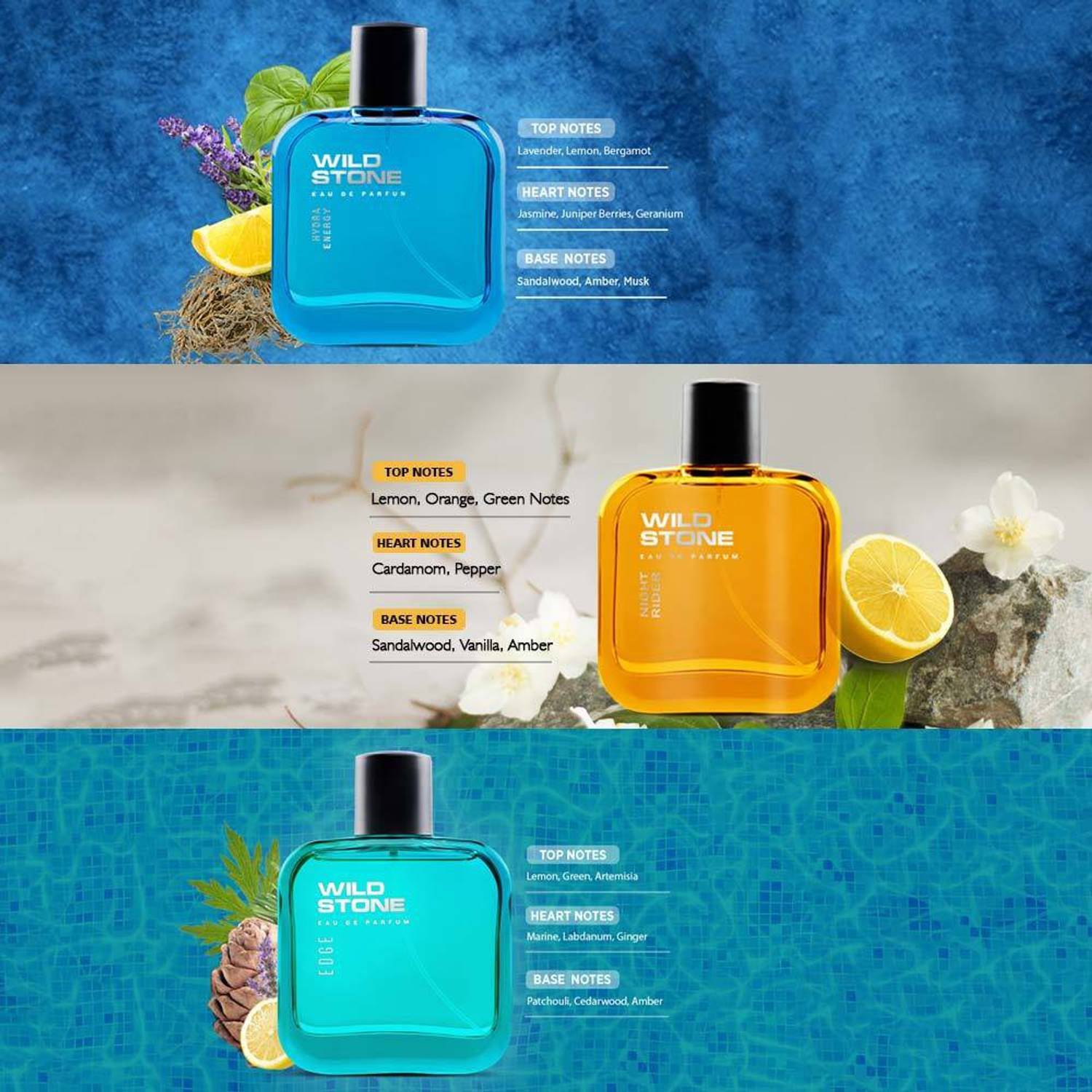 Wild Stone Edge, Hydra, Night Rider Eau de Parfum 3-Pack 90ml - Image 2