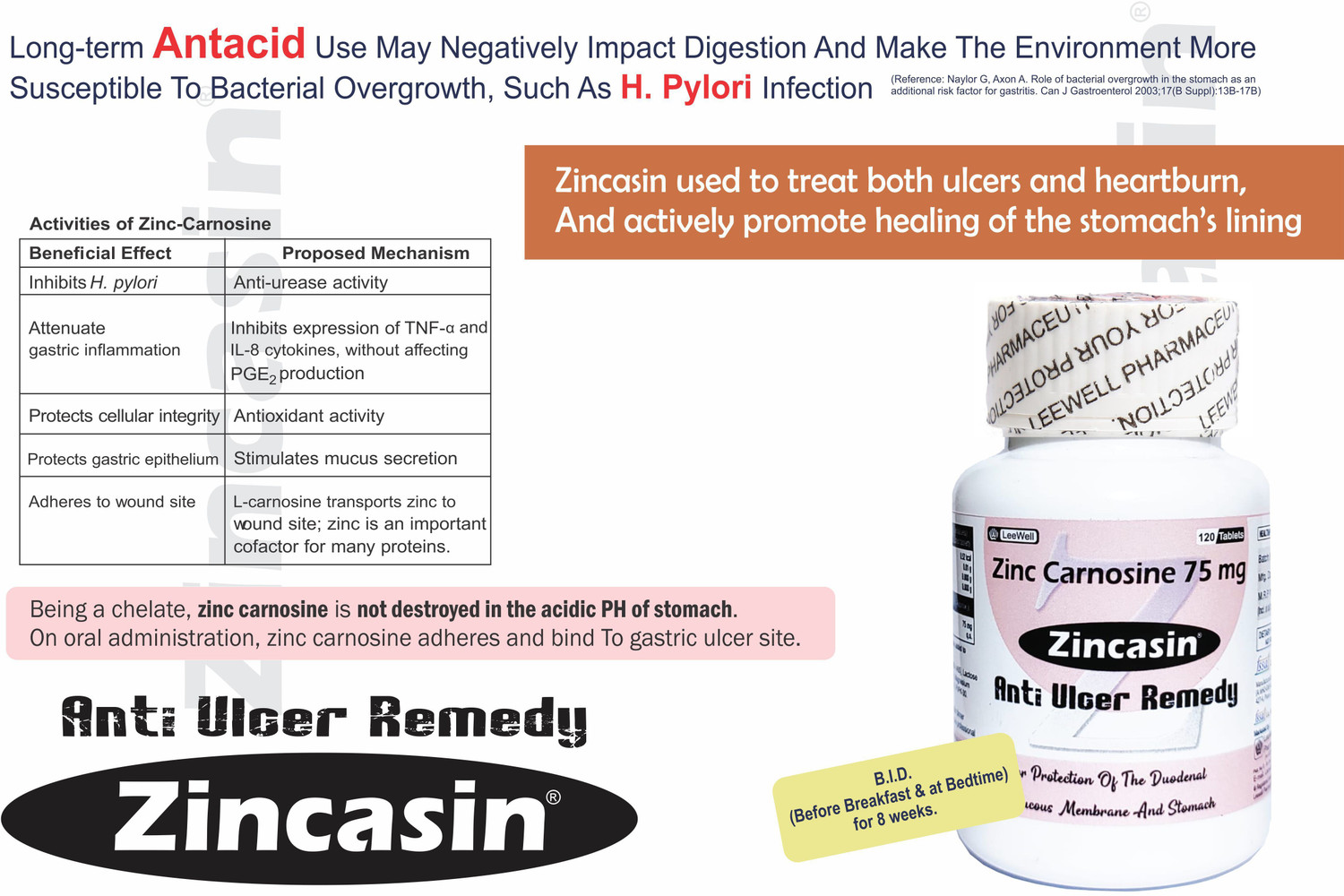 Image of zincasin Zinc Carnosine 75 mg for Stomach Ulcer, Leaky Gut, Gastric flora protection
