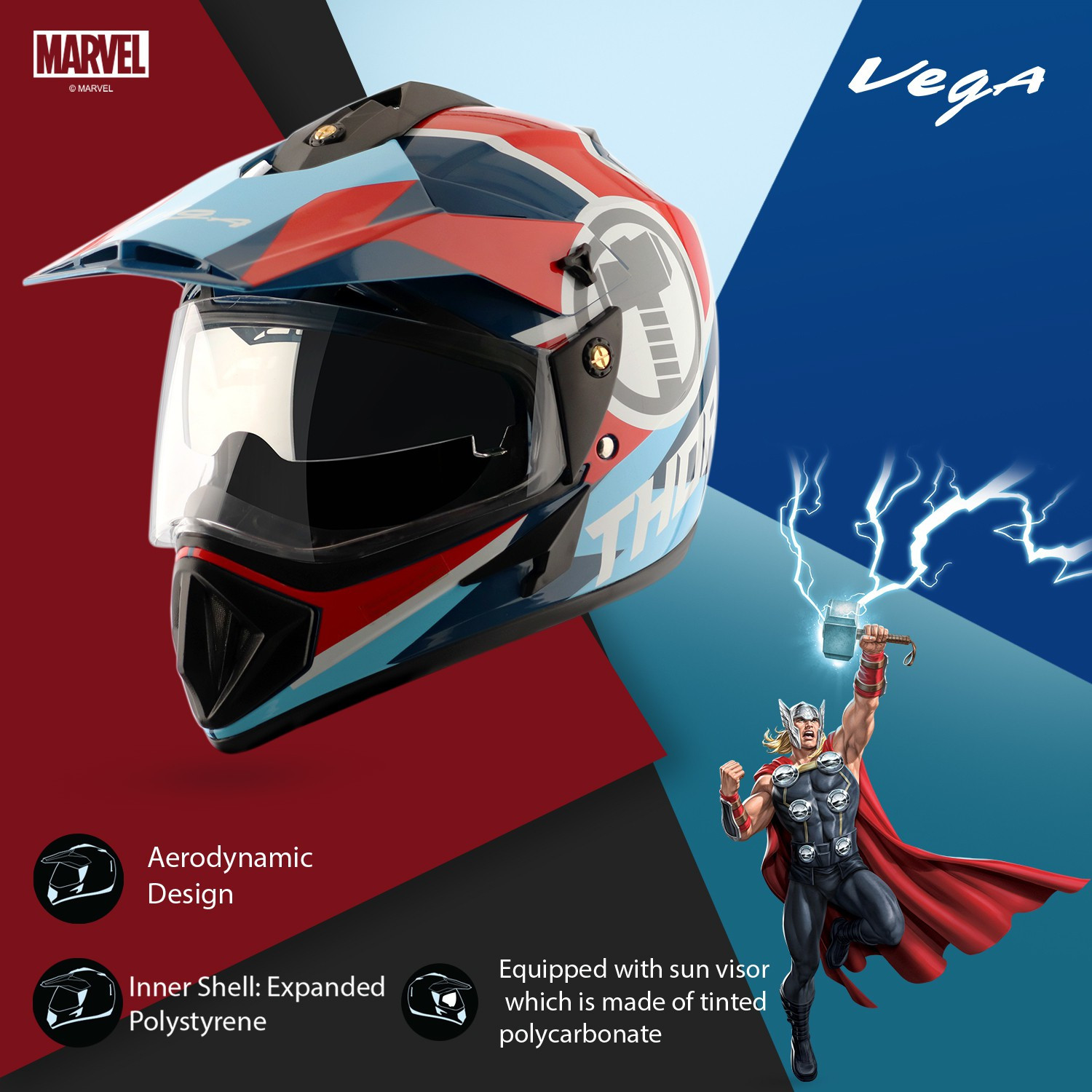 Image of VEGA Off Road Marvel Thor Edition Motorbike Helmet