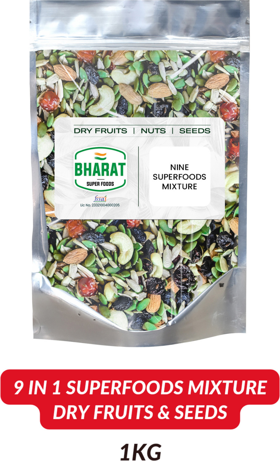 Image of Bharat Super Foods Premium Dry Fruits, Nuts & Seeds Mix (Super Healthy Mix 9 IN 1) - 100% Natural 1kg Pouch Pack Assorted Seeds & Nuts