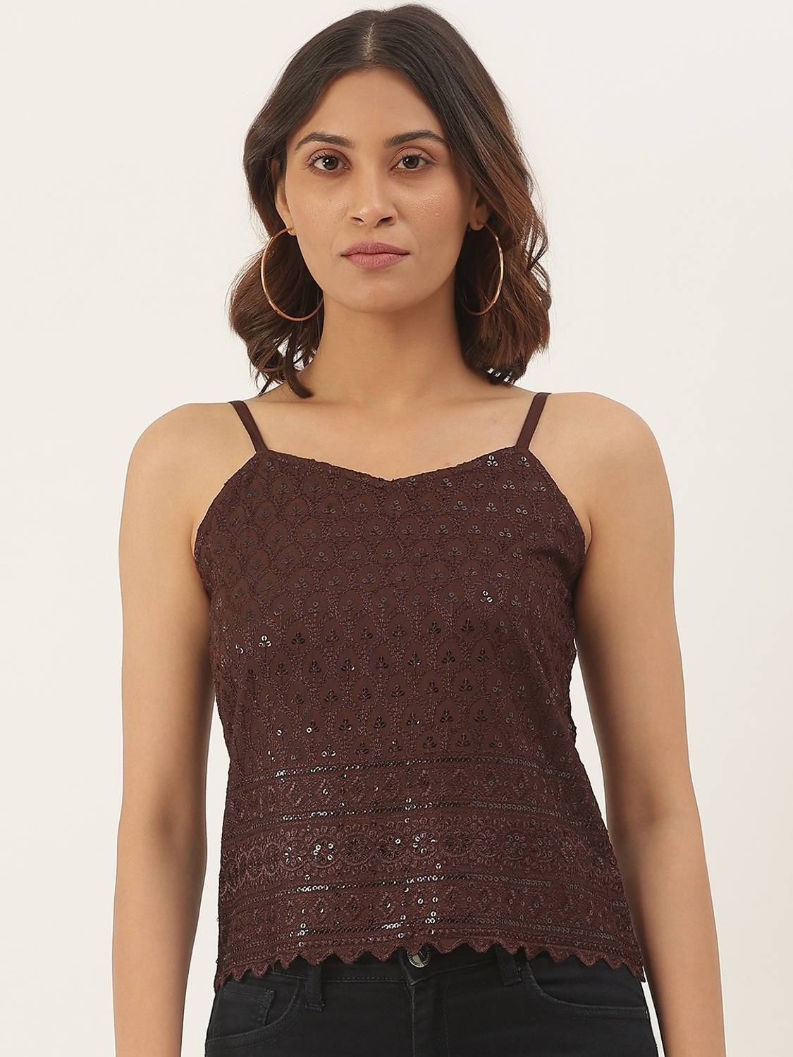 BRINNS Party Embellished, Self Design Women Brown Top